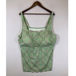 Boho Preppy Susan Graver Womens 28W Green Pink Paisley Scalloped Tankini Top